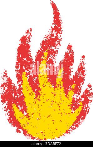 Kritzelfeuer im Stile von Buntstiften. Handgezeichnete Flamme mit Grunge-Textur. Grafikelement für lustige Collage und Aufkleber. Buntstift kritzelt rot und gelb Feuer. Vektor Stock Vektor