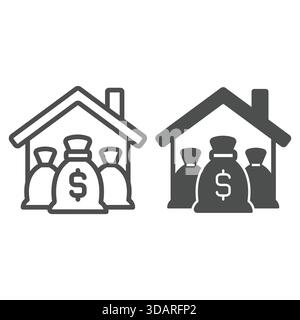 Geldbeutel an der Hauslinie und solide Ikone, Haussparkonzept. Vektorgrafiken. Cottage Gebäude mit Pfandbriefschild auf weißem Hintergrund, ausg Stock Vektor