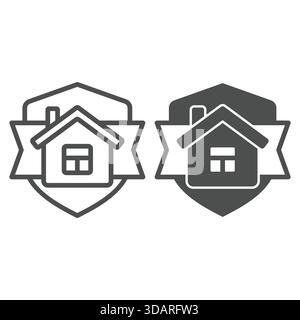 Haus am Band und Schild Linie und solide Ikone, Wohnungsmarkt Konzept. Vektorgrafiken. Cottage Gebäude auf Emblem Schild auf weißem Hintergrund, Umriss Stock Vektor