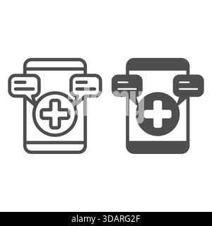 Smartphone mit medizinischer Nachrichtenzeile und durchgehendem Symbol, Notfallkonzept. Vektorgrafiken. Warnmeldungen und Pluszeichen auf weißem Hintergrund Stock Vektor