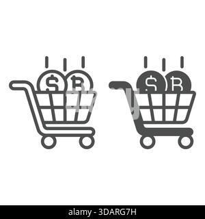 Einkaufswagen mit Münzlinie und ausgefülltem Symbol, Finanzierungskonzept. Vektorgrafiken. Einkaufswagen mit Dollar- und Bitcoin-Schild auf weißem Hintergrund, raus Stock Vektor