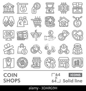 Münzgeschäfte Symbole Sammlung oder Skizzen. Symbole für bitcoin Market in Linienzeichen für Web und App. Vektorgrafiken isoliert auf weißem Hintergrund Stock Vektor