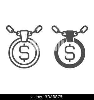 Halskette mit Dollarmünzlinie und solider Ikone, Schmuckkonzept. Vektorgrafiken. Münzanhänger Amulett Schild auf weißem Hintergrund, Umrissstil Symbol für Stock Vektor