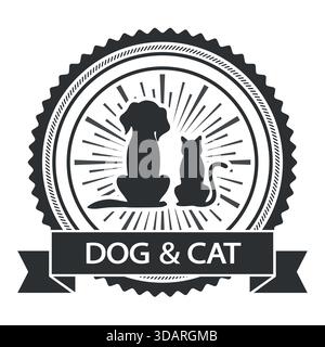 Illustration Animal Care and Protect Clinical Logo. Hund und Katze Emblem mit Banner auf weißem Hintergrund. Stock Vektor