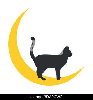 Abbildung einer schwarzen Katze steht auf dem Mond auf weißem Hintergrund Stock Vektor