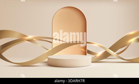 Luxuriöse 3D-Mockup-Bühne in Gold und Beige für elegante Produktpräsentation abstraktes modernes Podium und Bogenhintergrund Stock Vektor
