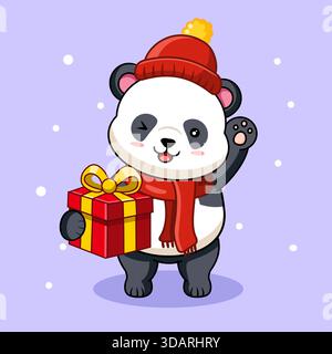 Niedlicher Panda in Winterkleidung, der ein Geschenk Vektor Illustration Cartoon Design hält Stock Vektor