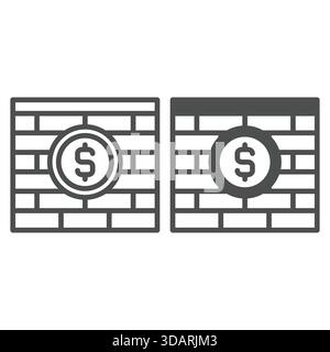 Ziegelmauer mit Dollar-Münzlinie und solider Ikone, weltweites Sanktionskonzept. Vektorgrafiken. Mauerwerk, Geld-Firewall-Schild auf weißem Hintergrund, Umriss Stock Vektor