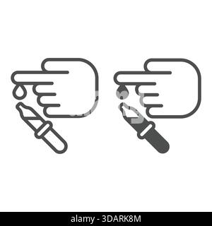 Bluttropfen Finger, die Linie und solides Symbol, medizinisches Forschungskonzept. Vektorgrafiken. Hand mit Pipettenschild auf weißem Hintergrund, Umrissstil ico Stock Vektor