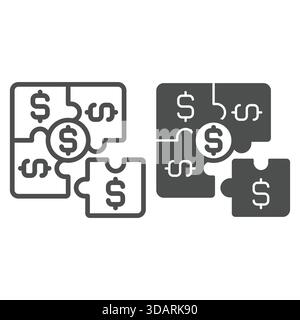 Puzzle mit Dollarlinie und solidem Symbol, Money Trouble Konzept. Vektorgrafiken. Logikspiel-Balkenzeichen auf weißem Hintergrund, Symbol für Umrissstil Stock Vektor