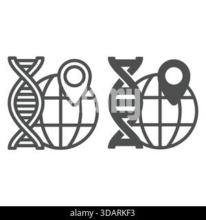 Weltkugel mit DNA-Kettenlinie und solidem Symbol, genetisches Forschungskonzept. Vektorgrafiken. Globus-Positionsnadel mit DNA-Zeichen auf weißem Hintergrund, Outli Stock Vektor