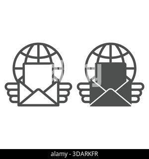 Globus mit Brieflinie und durchgehendem Symbol, Versandkonzept. Vektorgrafiken. Postumschlag Engelsflügel, Planetenschild auf weißem Hintergrund, raus Stock Vektor
