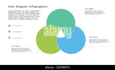 Grafische Venn Flat-Vektor-Folienvorlage für Geschäftspräsentationen mit überlappenden Kreisdiagrammen. Venn-Diagramme mit überlappenden Kreisen, die einen gemeinsamen Bereich zeigen, zur Infografik. Vektorabbildung Stock Vektor