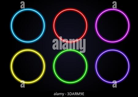 Leuchtende Neonkreise auf transparentem und dunklem Hintergrund. Futuristisch beleuchtete Grenzen für digitales Design, Geschichten aus sozialen Medien, Poster und Stock Vektor