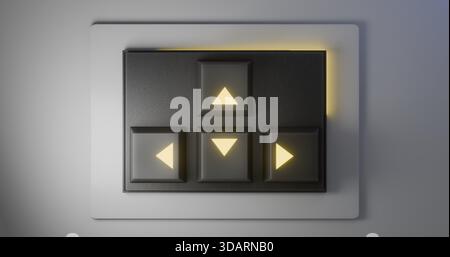 Eine klare Draufsicht eines Navigationsschaltflächen-Arrays (nach oben, links, unten, rechts) mit hellgelber interner Beleuchtung, die auf Bewegung, Auswahl oder prog hinweist Stockfoto