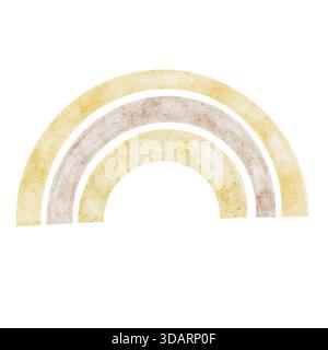 Neutraler und sanfter Goldboho-Regenbogen in sanften Aquarelltönen schafft ein modernes Clipart. Das handgezeichnete Element passt zu Wandbildern im Kinderzimmer, Babyduschen-Einladungen, Gender-Enthüllungskarten und Digitaldrucken Stockfoto