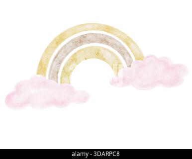 Weiche rosa Wolken und ein goldener pastellfarbener Regenbogen in diesem handgezeichneten Clipart mit Aquarell, ideal für Babyduschkarten, Kinderzimmer-Wanddrucke, Partyeinladungen und Gender-Discover-Dekorationen Stockfoto