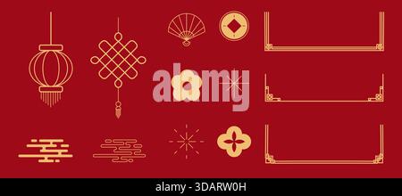 Traditionelle koreanische Rahmen, Linienränder mit Knotenecken besetzt. Vektorabbildung Stock Vektor