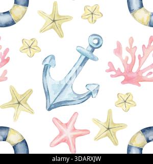 Große blaue Anker, beigefarbene Seesterne und rosa Korallen schaffen dieses Aquarell-Clipart und handgezeichnete nahtlose Muster für Strandtaschen, Schreibwaren, Tapetenmotive und Verpackungen im maritimen Stil Stockfoto
