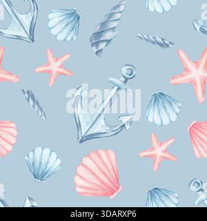 Blaue Anker, weiche rosafarbene Muscheln und helle Korallenseesterne schaffen dieses von Hand gezeichnete, nahtlose Muster in Aquarellen. Perfekt für Stoffe, Strandaccessoires, Verpackungsdesign, Kunsthandwerk im Meeresstil Stockfoto