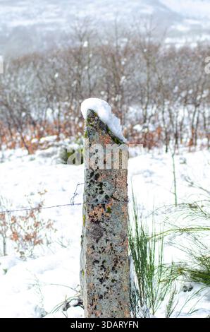 Antike Granitpfosten in ländlicher Gegend mit Schnee und Stacheldraht Winter Detail Stockfoto