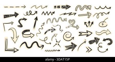 Scrapbook-Set mit Papierpfeilausschnitt, gerissenen Kritzeleien-Collage-Elementen. Sammlung Y2K Swirl, nach oben und unten, nach rechts und links. Vektorabbildung Stock Vektor