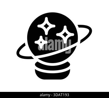 Dieses abstrakte Schwarz-weiß-Symbol zeigt einen Planeten, der von Ringen und Sternen umgeben ist und perfekt für Raumfahrtmotive oder lehrreiche Materialien geeignet ist. Stock Vektor