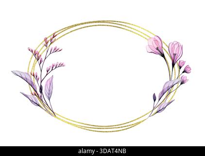 Aquarelldurchsichtige Blumen mit goldenem Glitzerrahmen. Elegante horizontale Kartenschablone mit violetten Blüten und ovaler Folie. Platz für Text Stockfoto