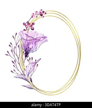 Elegante Kartenschablone mit violetten Eustoma-Blüten. Aquarelldurchsichtige Blumen mit goldenem Glitzerrahmen. Ovales vertikales Banner mit Platz für Text Stockfoto