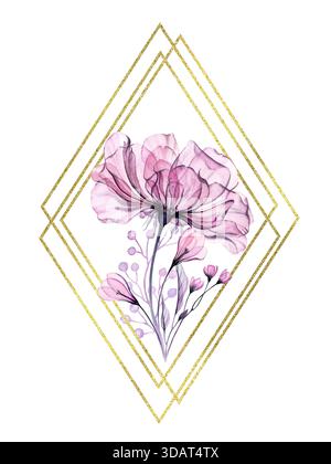 Transparenter Rosenrautenrahmen mit rosafarbenem Glitzer. Vintage vertikale Anordnung mit großer Blume, Blättern und glänzender Folie. Handbemalt mit Blumenmuster Stockfoto