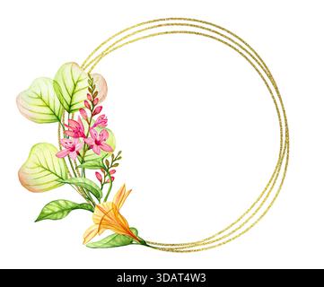 Goldener Rahmen mit transparenten tropischen Blumen. Runder Kranz aus Blumen und Blättern. Realistisches goldenes Glitzerdesign. Handbemalt mit Blumenmuster Stockfoto