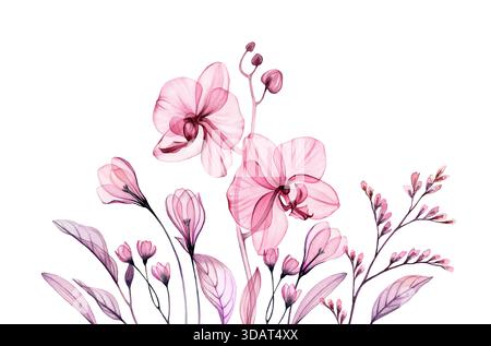 Tropisches Bouquet mit transparenten Orchideen, Palmenzweigen und Knospen in staubigem Rosa und Lila. Isolierte handgezeichnete botanische Illustration für Stockfoto
