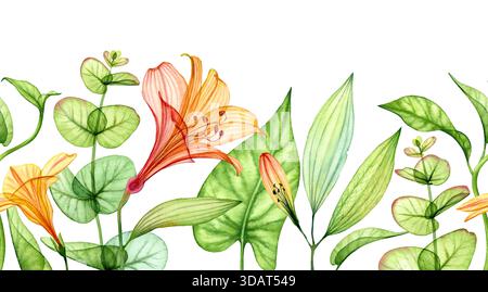 Nahtloser Rand mit Blumenmuster in Aquarellfarben. Horizontale Komposition mit transparenten Orangenblüten, Lilien- und Eukalyptusblättern. Botanisches tropisches Stockfoto