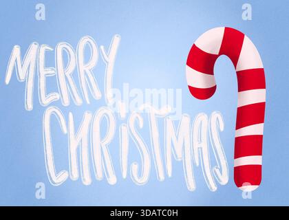 Zuckerrohr isoliert über hellblauem Hintergrund mit Merry Christmas Text. Stockfoto
