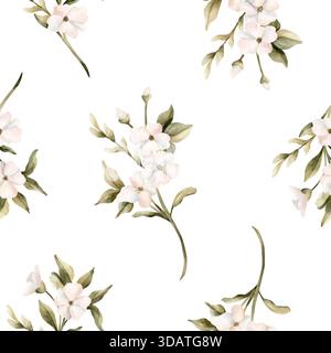 Weiße kleine Blüten mit nahtlosem Blattmuster. Jasmin, Orange, Apfelblüte. Aquarell handgemalt florale isolierte Illustration für Hochzeit des Stockfoto