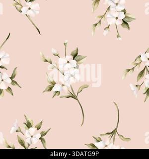 Weiße kleine Blüten mit nahtlosem Blattmuster. Jasmin, Orange, Apfelblüte. Aquarell handgemalt florale isolierte Illustration für Hochzeit des Stockfoto