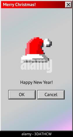 Dialogbox mit Weihnachtsmotiv und rotem Hut. Abstraktes Vaporwave-Fenster mit y2k-Ästhetik und Systembotschaft im Stil der 90er Jahre Stock Vektor