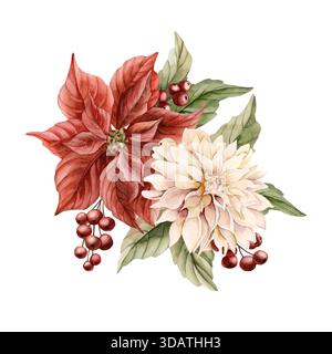 Rote Weihnachtsstern und Dahlienblüten mit Blättern roten Beeren. Blumenmuster im Winter. Aquarell handgezeichnete isolierte Illustration auf weißem Hintergrund Stockfoto
