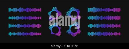 Podcast-Wave-Kollektion mit kreisförmigen Neonverläufen und horizontalen Schallwellen auf dunklem Hintergrund. Stock Vektor