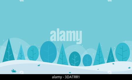 Minimalistische und saubere Winterlandschaft mit stilisierten Bäumen, die vor dem sanften blauen Himmel stehen, passend für saisonale Designs und Veranstaltungen im Dezember Stock Vektor