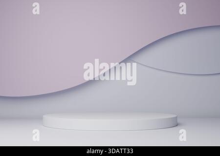 Minimalistischer 3D-Hintergrund mit weißem Podium und gedämpften, wellenförmigen Terrakotta-Kurven Stockfoto