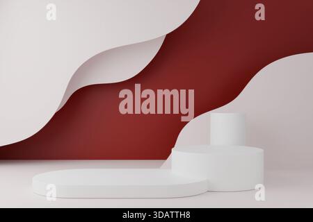 3D-Hintergrund mit weißem Podium und dunkelroten welligen Kurven und Formen Stockfoto