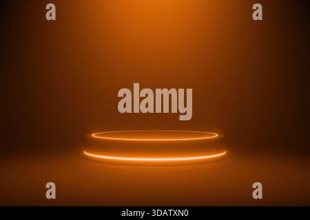 Leeres, neonbeleuchtetes 3D-Zylinderpodium auf einem feurigen orange-bernsteinfarbenen Hintergrund Stockfoto