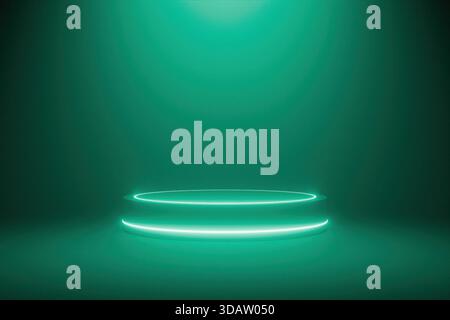 Leeres, neonbeleuchtetes 3D-Zylinderpodium auf dunkelblaugrünem Hintergrund Stockfoto