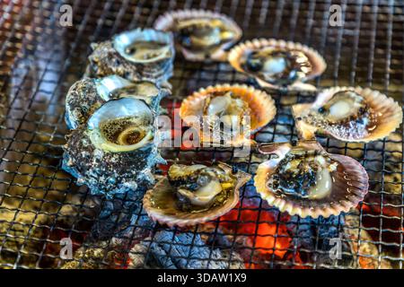 Im warmen Schein der Glut brutzeln Turbanmuschel und Jakobsmuscheln auf dem offenen Holzkohlegrill der Ama Hut Experience, Shima, Präfektur Mie, Japan. Stockfoto