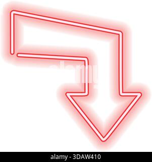 Ein neonroter Pfeil, der nach unten zeigt. Der Pfeil leuchtet und er leuchtet. Das Bild hat ein futuristisches oder Neonlicht-Feeling Stock Vektor
