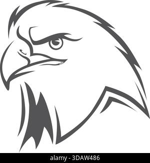 Eine schwarz-weiße Zeichnung eines Adlers mit seitlichem Kopf. Der Adler hat einen bedrohlichen Blick auf seinem Gesicht, mit weit geöffneten Augen und seiner mou Stock Vektor