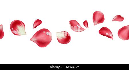 Rote Rosenblätter und transparente Wassertropfen in nahtloser Borte in Aquarelltechnik als Symbol für Liebe, Leidenschaft und Begehren. Handgezeichnet Stockfoto