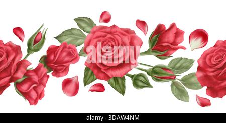 Rote Rosen mit Tropfen, Knospen und Blättern in nahtloser Umrandung im realistischen Stil in Aquarelltechnik als Symbol für Liebe, Leidenschaft, Begehren. Handgezeichnet Stockfoto