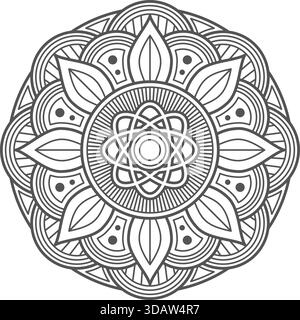 Eine schwarz-weiße Zeichnung einer Blume mit einem großen Zentrum und vielen kleineren Blütenblättern. Die Blume ist von einem Kreis umgeben und hat viele Details Stock Vektor